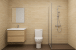 Baño moderno con mayólica 30x60 y piso gris oscuro que combina estilo y resistencia. Transforma tus espacios con #MarketCeramico