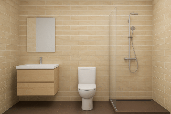 Baño moderno con mayólica 30x60 y piso gris oscuro que combina estilo y resistencia. Transforma tus espacios con #MarketCeramico