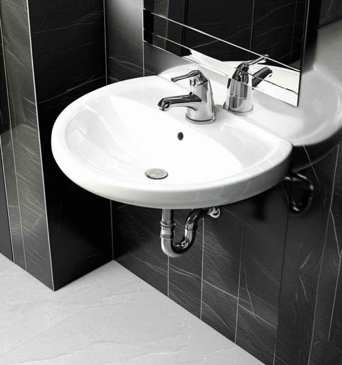 Lavatorio Eco Trebol: loza vitrificada, garantía de por vida, cambio de agua solo 2,5 L. Compacto, duradero y estilizado para baños exigentes