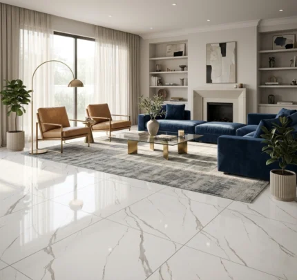 Porcelanato vitrificado Carrara White 60x60 cm, imita al mármol natural. Su fondo blanco con vetas grises claras fluye con naturalidad.