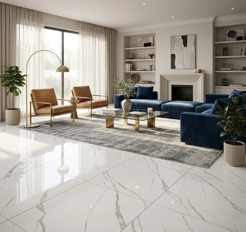 Porcelanato vitrificado Carrara White 60x60 cm, imita al mármol natural. Su fondo blanco con vetas grises claras fluye con naturalidad.