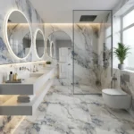 Porcelanato Imperial Blue 60x120 cm brillante con vetas azules, grises y beige tipo mármol, diseño de caras variadas para pisos y paredes elegantes.