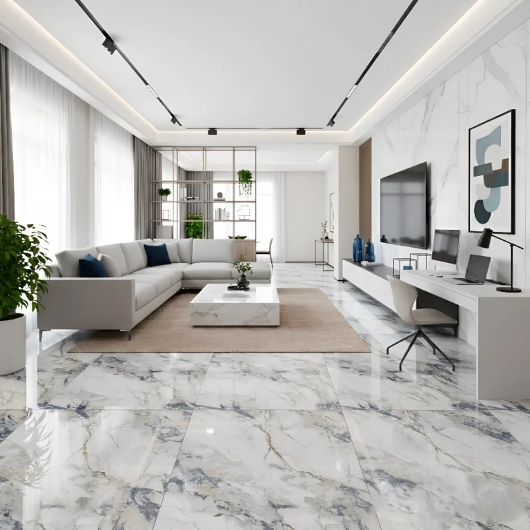 Porcelanato Imperial Blue 60x120 cm brillante con vetas azules, grises y beige tipo mármol, diseño de caras variadas para pisos y paredes elegantes.