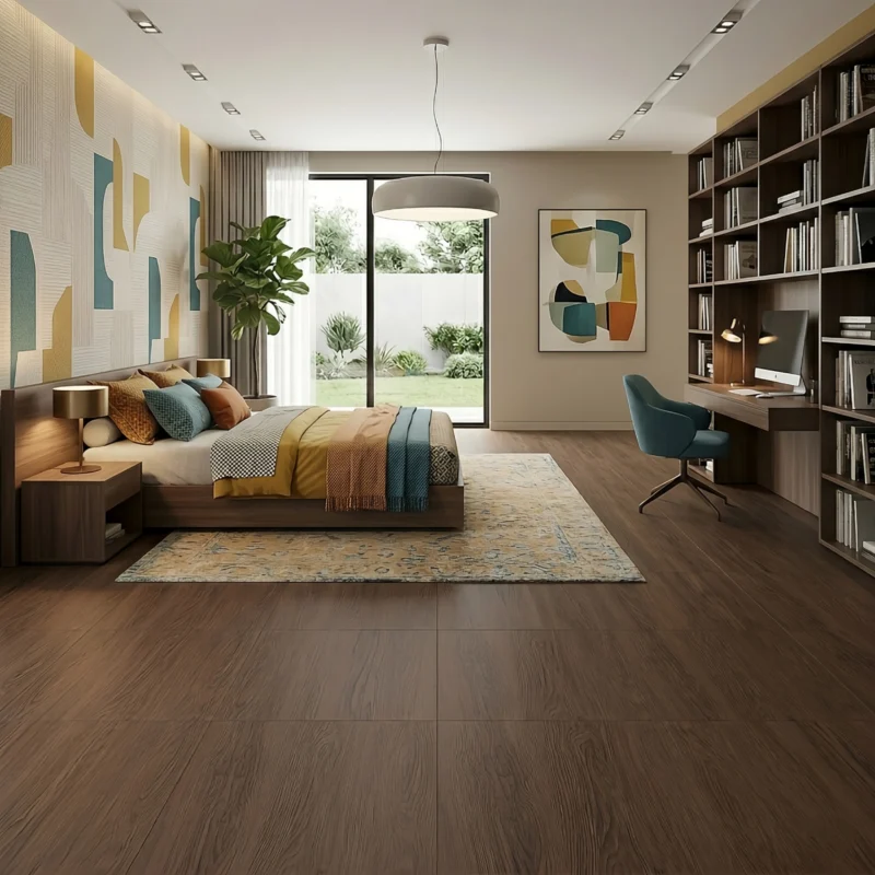Porcelanato Vitri Nogal Café 60x60 mate tipo madera para pisos y paredes de alto tránsito con diseño natural y elegante.