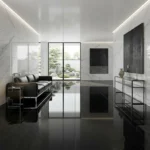 Porcelanato negro vitrificado super negro 60x120 cm, acabado brillante tipo espejo, diseño uniforme de alta elegancia.