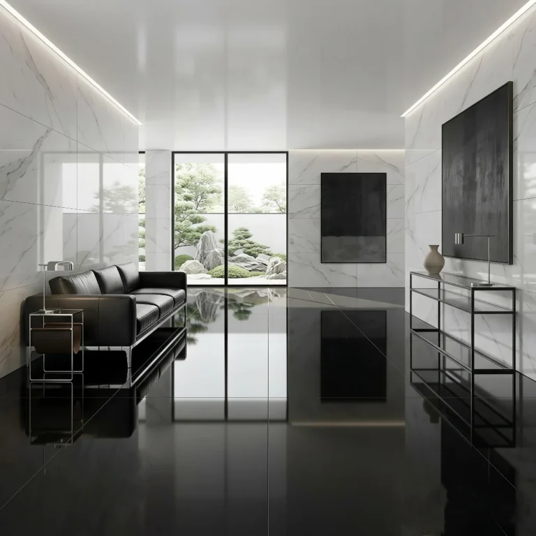 Porcelanato negro vitrificado super negro 60x120 cm, acabado brillante tipo espejo, diseño uniforme de alta elegancia.