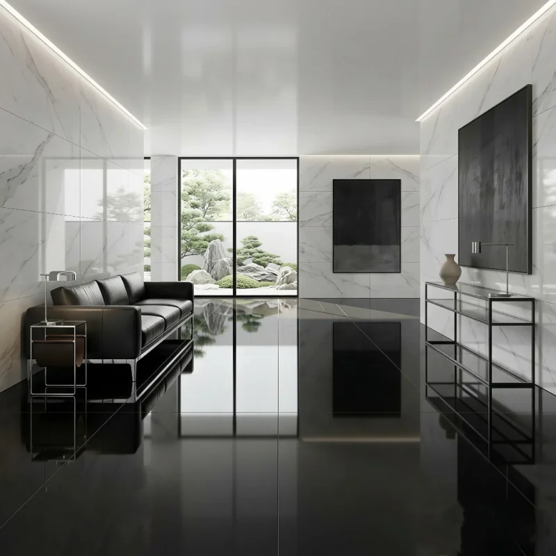 Porcelanato negro vitrificado super negro 60x120 cm, acabado brillante tipo espejo, diseño uniforme de alta elegancia.