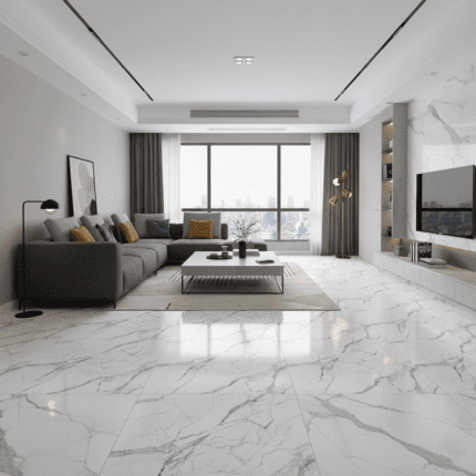 Cerámico Aurora Bianca 60x60 cm blanco marmolizado con vetas grises, ideal para pisos y paredes modernas - MarketCeramico