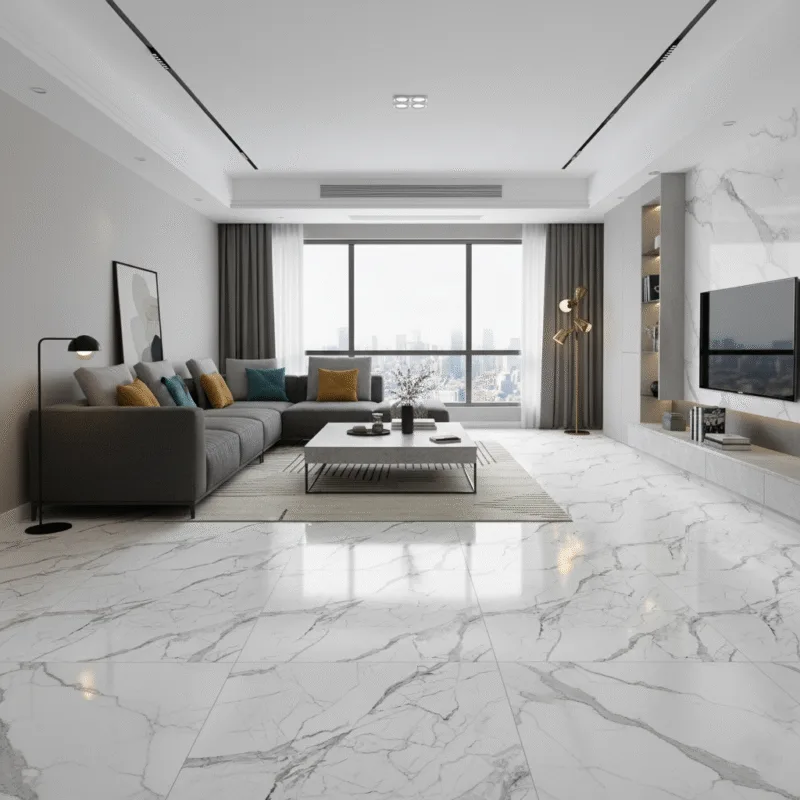 Cerámico Aurora Bianca 60x60 cm blanco marmolizado con vetas grises, ideal para pisos y paredes modernas - MarketCeramico