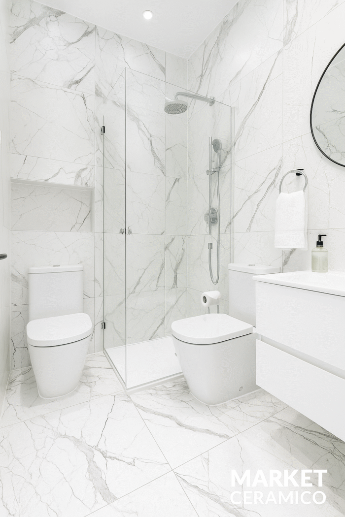 Cerámico Aurora Bianca 60x60 cm blanco marmolizado con vetas grises, ideal para pisos y paredes modernas - MarketCeramico