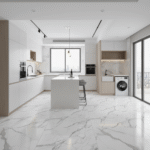 Cerámico Aurora Bianca 60x60 cm blanco marmolizado con vetas grises, ideal para pisos y paredes modernas - MarketCeramico