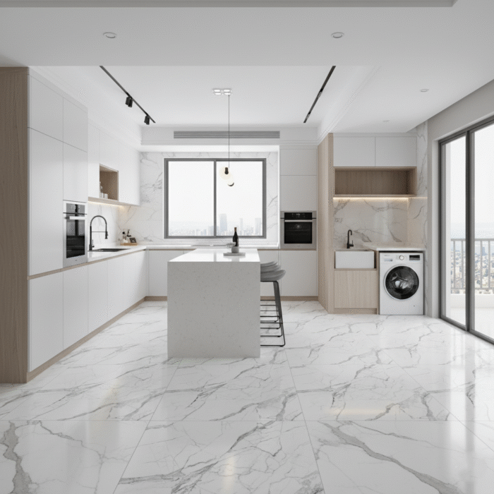 Cerámico Aurora Bianca 60x60 cm blanco marmolizado con vetas grises, ideal para pisos y paredes modernas - MarketCeramico