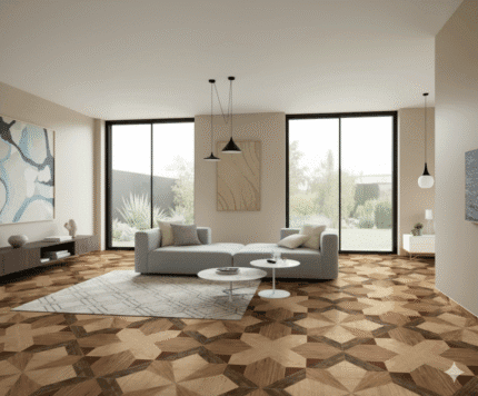 Cerámico madera piso Atlanta Natural 45×45 cm – diseño geométrico en tonos cálidos tipo parquet, ideal para salas y comedores. Disponible en MarketCerámico.com.