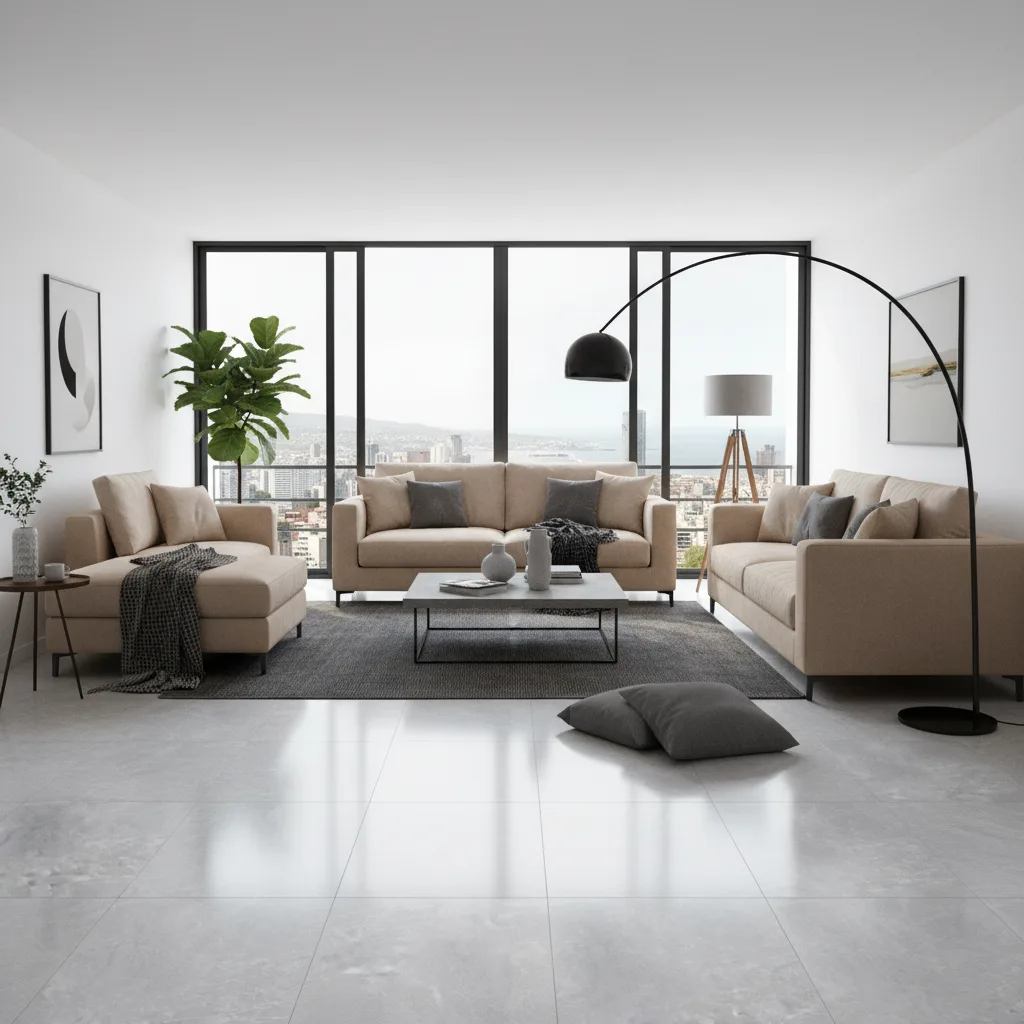Piso Cerámico Colonia II Gris 60x60, acabado brillante con vetas marmolizadas para interiores elegantes