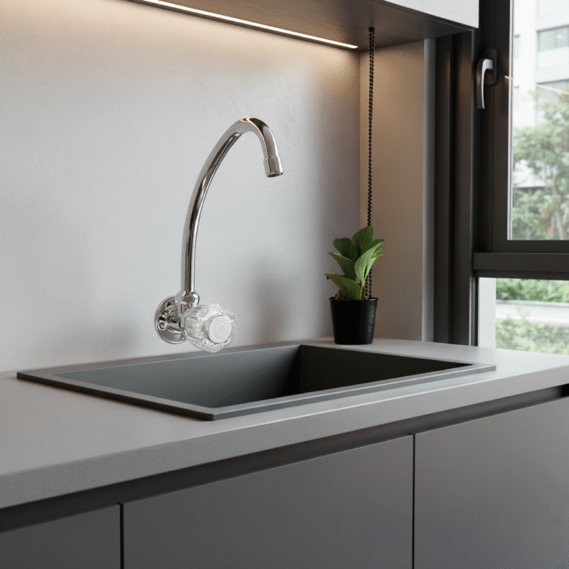 Llave dalia de pared para cocina en bronce cromado con perilla metálica y aireador. Encuéntralo en www.marketceramico.com