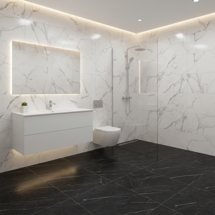 Cerámico marmolizado Marquina 60x60 cm color negro con vetas blancas, ideal para pisos y paredes modernas -MarketCeramico