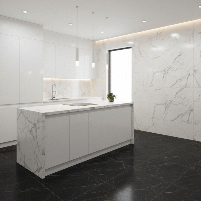 Cerámico marmolizado Marquina 60x60 cm color negro con vetas blancas, ideal para pisos y paredes modernas -MarketCeramico