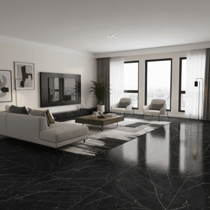 Cerámico marmolizado Marquina 60x60 cm color negro con vetas blancas, ideal para pisos y paredes modernas -MarketCeramico