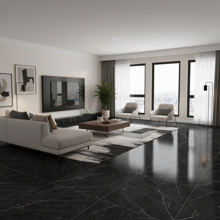 Cerámico marmolizado Marquina 60x60 cm color negro con vetas blancas, ideal para pisos y paredes modernas -MarketCeramico