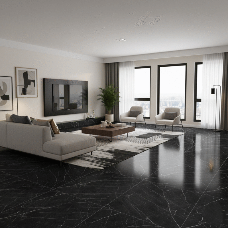 Cerámico marmolizado Marquina 60x60 cm color negro con vetas blancas, ideal para pisos y paredes modernas -MarketCeramico