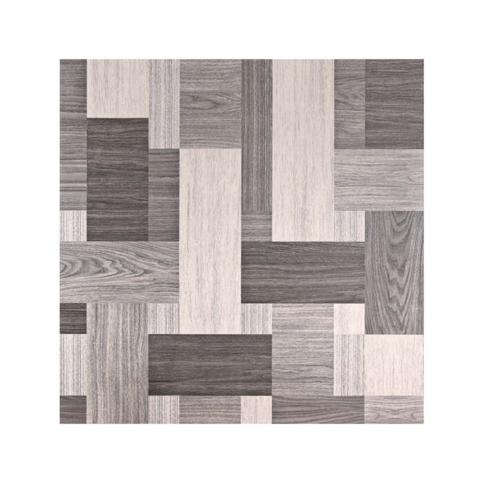 Cerámico Madera Requena Gris 60x60 con vetas blancas tipo parquet, acabado brillante para pisos internos