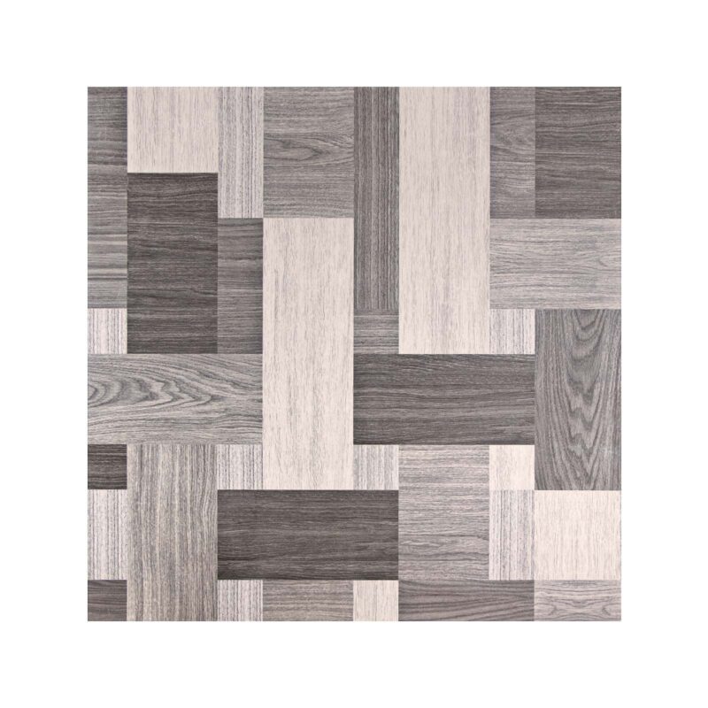 Cerámico Madera Requena Gris 60x60 con vetas blancas tipo parquet, acabado brillante para pisos internos