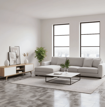 Cerámico Madera Requena Gris 60x60 con vetas blancas tipo parquet, acabado brillante para pisos internos