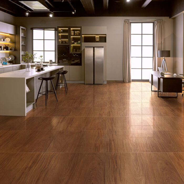 Piso cerámico rectificado Bremen Café brillante de 59x59 cm, acabado tipo madera elegante y resistente, ideal para salas, comedores y dormitorios. Superficie brillante, fácil de limpiar y con juntas mínimas para un diseño moderno y sofisticado.