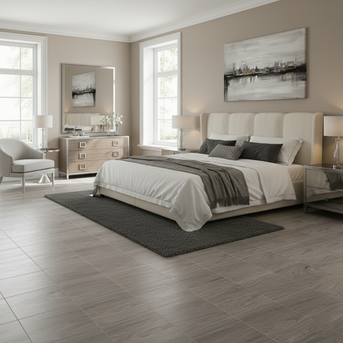 Piso cerámico rectificado Bremen plata brillante de 59x59 cm, acabado tipo madera elegante y resistente, ideal para salas, comedores y dormitorios. Superficie brillante, fácil de limpiar y con juntas mínimas para un diseño moderno y sofisticado.