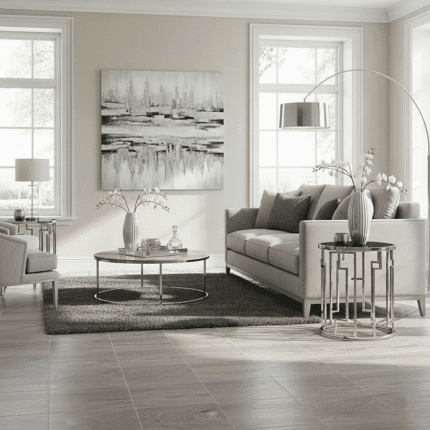 Piso cerámico rectificado Bremen plata brillante de 59x59 cm, acabado tipo madera elegante y resistente, ideal para salas, comedores y dormitorios. Superficie brillante, fácil de limpiar y con juntas mínimas para un diseño moderno y sofisticado.