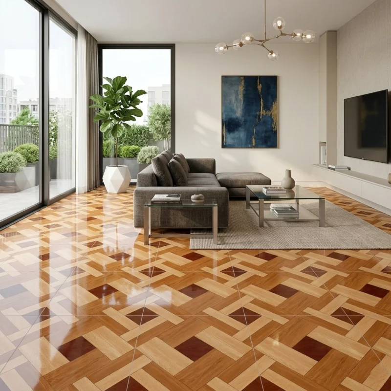 Piso cerámico Huelva Plus Natural 60x60 brillante maderado geométrico tonos caramelo y beige | Tránsito medio | Market Cerámico Perú