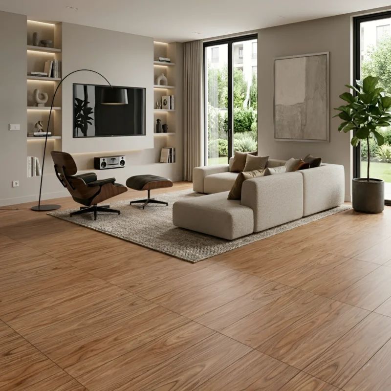 Piso tipo madera 60x60 mate estructurado color bone con vetas naturales Market Cerámico Perú