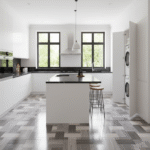 Cerámico Madera Requena Gris 60x60 con vetas blancas tipo parquet, acabado brillante para pisos internos
