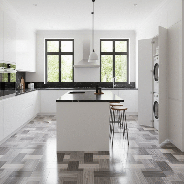 Cerámico Madera Requena Gris 60x60 con vetas blancas tipo parquet, acabado brillante para pisos internos
