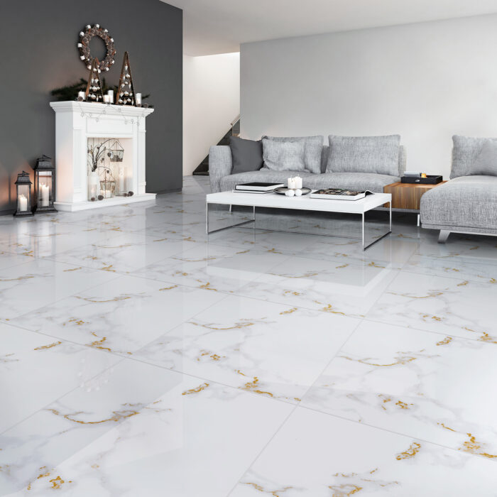 Piso cerámico marmolizado Siena Dorado 60x60, elegante y duradero para espacios modernos