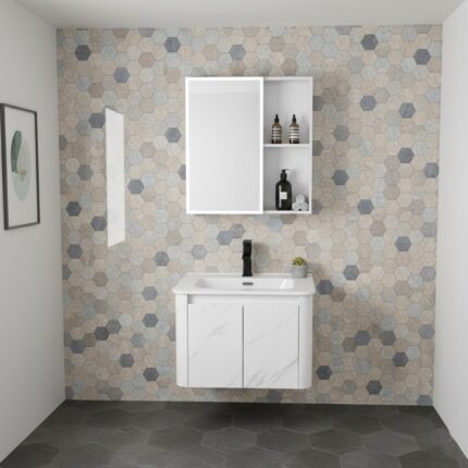 Mueble vanitorio con espejo LED de aluminio, diseño moderno y resistente a la humedad, ideal para baños elegantes y funcionales. Encuéntralo en www.marketceramico.com