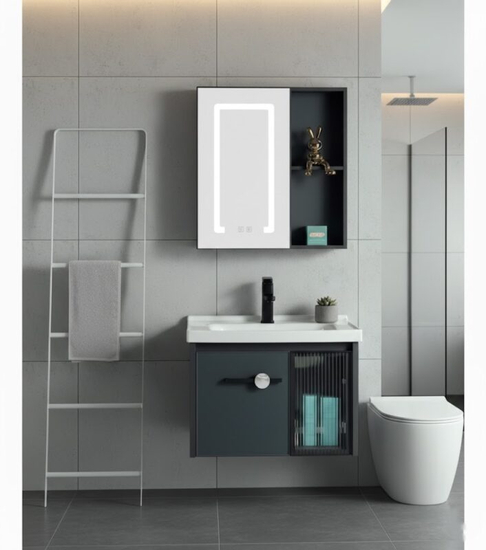 Mueble vanitorio con espejo LED de aluminio, diseño moderno y resistente a la humedad, ideal para baños elegantes y funcionales. Encuéntralo en www.marketceramico.com