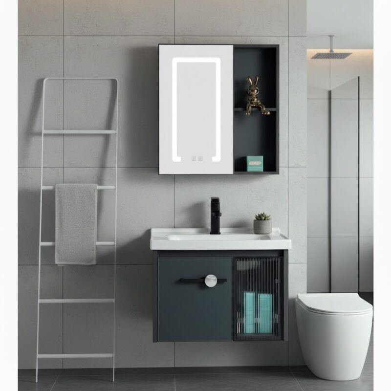 Mueble vanitorio con espejo LED de aluminio, diseño moderno y resistente a la humedad, ideal para baños elegantes y funcionales. Encuéntralo en www.marketceramico.com