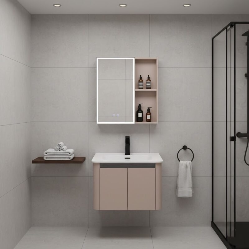 Mueble vanitorio con espejo LED de aluminio, diseño moderno y resistente a la humedad, ideal para baños elegantes y funcionales. Encuéntralo en www.marketceramico.com