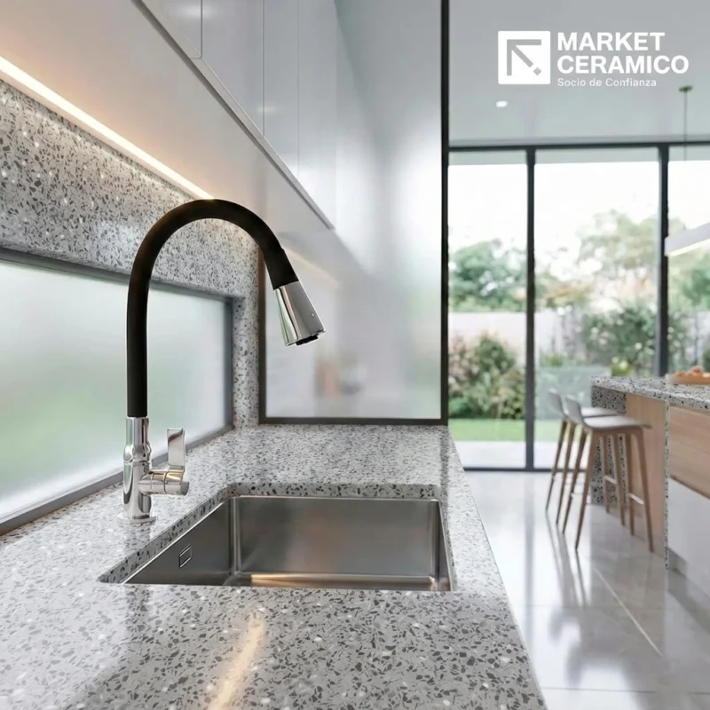 Llave pico flexible Savona negro 1/2 para cocina, grifería premium con instalación a pared o mueble, doble función lluvia y aireado – Market Cerámico