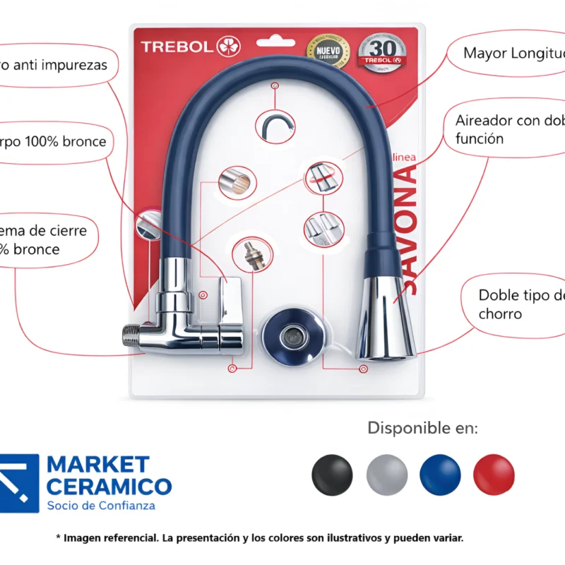 Llave pico flexible Savona rojo 1/2” para cocina, grifería premium con instalación a pared o mueble, doble función lluvia y aireado – Market Cerámico