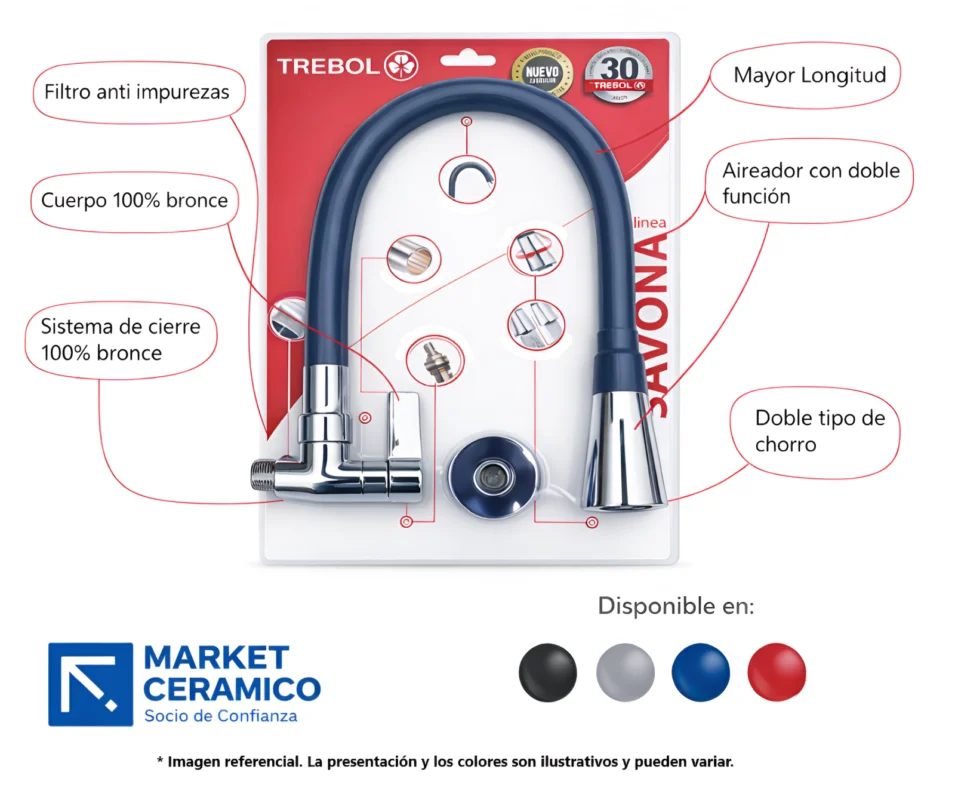 Llave pico flexible Savona rojo 1/2” para cocina, grifería premium con instalación a pared o mueble, doble función lluvia y aireado – Market Cerámico