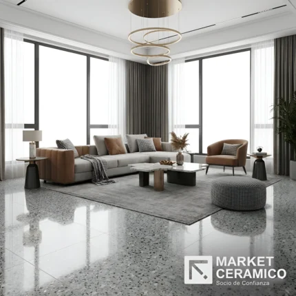 LPY66013 Porcelanato vitrificado tipo granito 60x60 cm con acabado brillante, diseño inspirado en mármol granítico de grano fino en tonos grises. Superficie elegante, resistente y de fácil mantenimiento, ideal para salas, comedores y mesones de cocina. Disponible en www.marketceramico.com