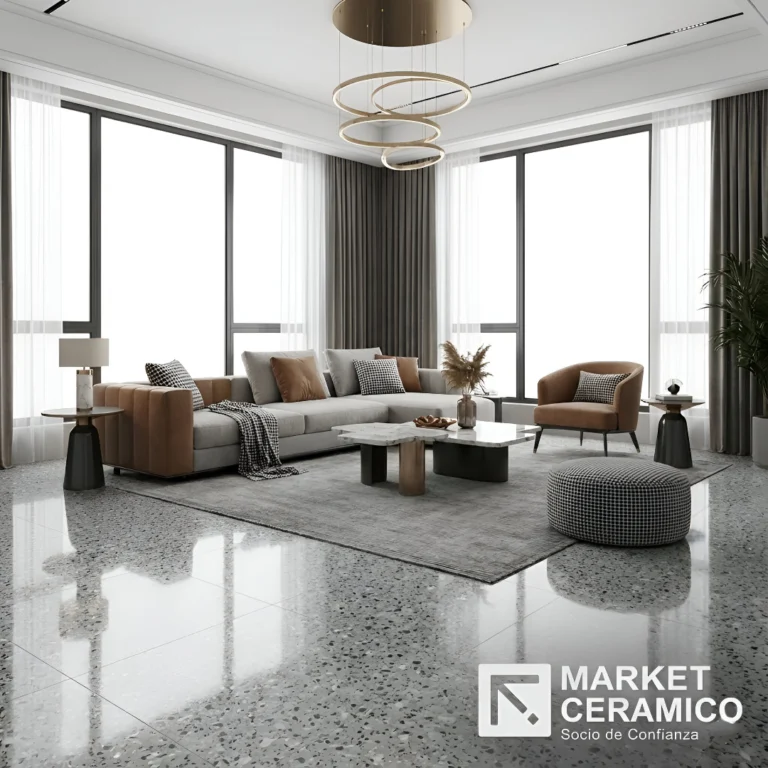 LPY66013 Porcelanato vitrificado tipo granito 60x60 cm con acabado brillante, diseño inspirado en mármol granítico de grano fino en tonos grises. Superficie elegante, resistente y de fácil mantenimiento, ideal para salas, comedores y mesones de cocina. Disponible en www.marketceramico.com