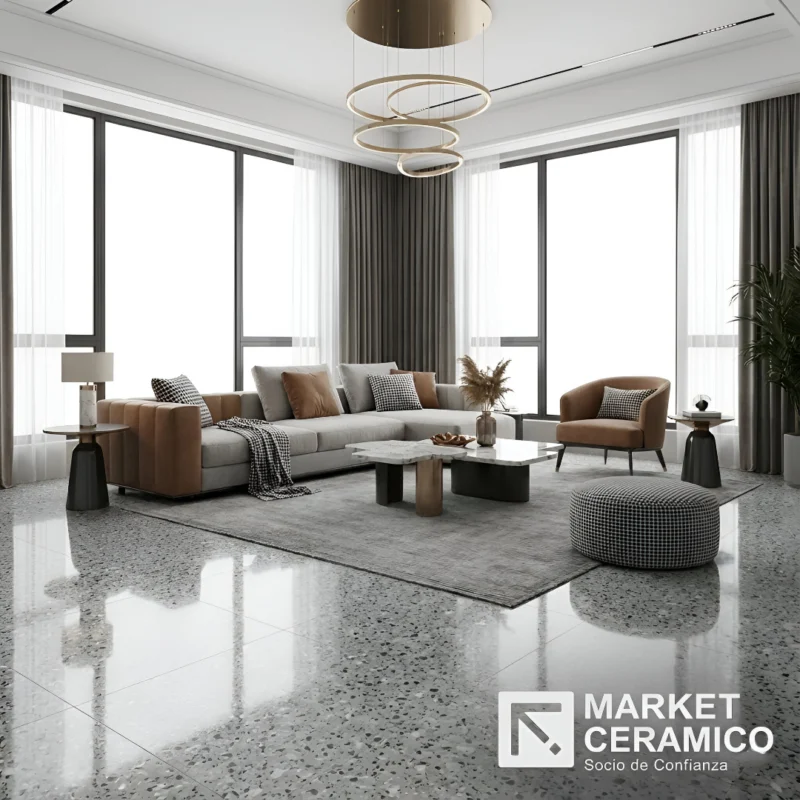 LPY66013 Porcelanato vitrificado tipo granito 60x60 cm con acabado brillante, diseño inspirado en mármol granítico de grano fino en tonos grises. Superficie elegante, resistente y de fácil mantenimiento, ideal para salas, comedores y mesones de cocina. Disponible en www.marketceramico.com