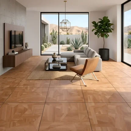 Piso cerámico Kari Beige 60x60 color madera semibrillante para salas, cocinas y dormitorios de tránsito medio.