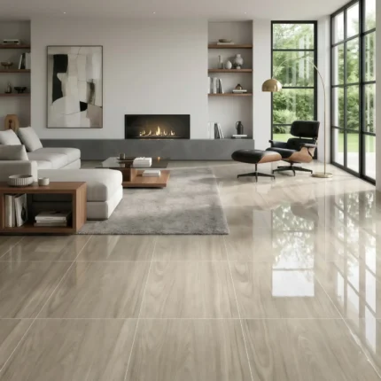 Piso cerámico Amber Greige 60x60 brillante diseño tipo madera color greige.