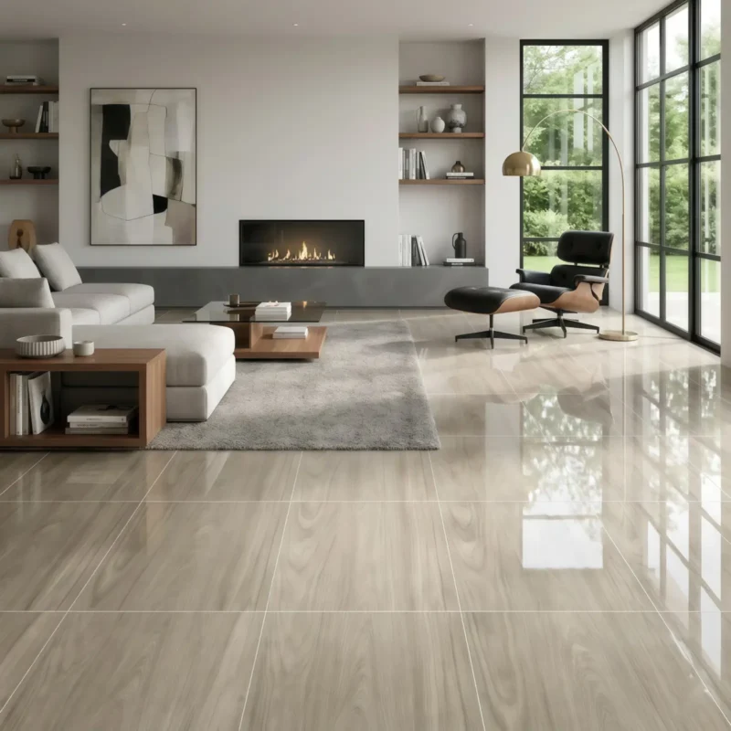 Piso cerámico Amber Greige 60x60 brillante diseño tipo madera color greige.