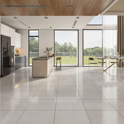 Piso cerámico marmolizado Ceniza 60x60 brillante color gris claro para alto tránsito.