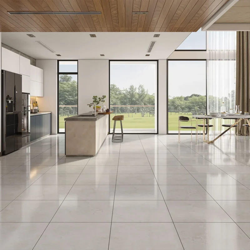 Piso cerámico marmolizado Ceniza 60x60 brillante color gris claro para alto tránsito.